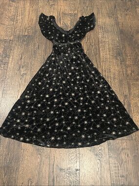 Cider Black Velvet Midi Dress with Gold Stars Ruffle Tie Back V-Neck